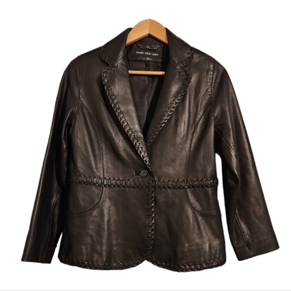 Marc New York Genuine Beautiful Soft Leather Blazer with Leather Lace Detail